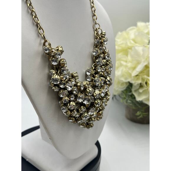 J. Crew Antique Gold Tone Prong Set Rhinestone Cluster Bib Statement Necklace - Picture 12 of 13
